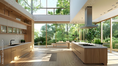A spacious, sleek kitchen connected to an open concept living space, featuring minimalist modern interior design with clean lines, furniture, and a neutral color palette, all bathed in natural light. © horizor