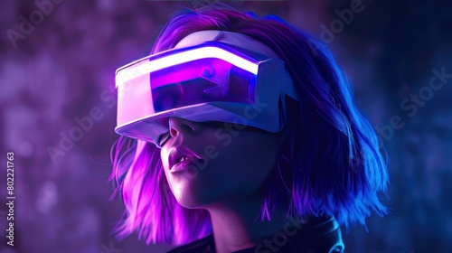 close up woman with purple hair in futuristic costume over dark background photo