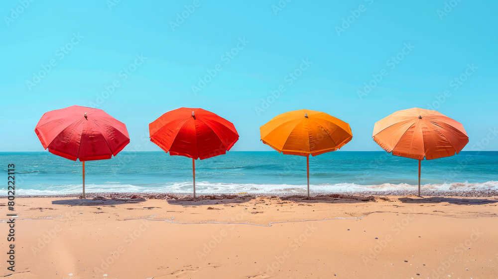 A serene beach scene with four vividly colored umbrellas—two red and two yellow—lined up against a sparkling blue ocean, offering a vibrant contrast to the sandy beach