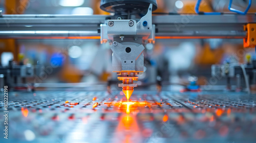 A laser cutter in operation on a factory floor, emitting bright sparks as it precisely cuts through metal.