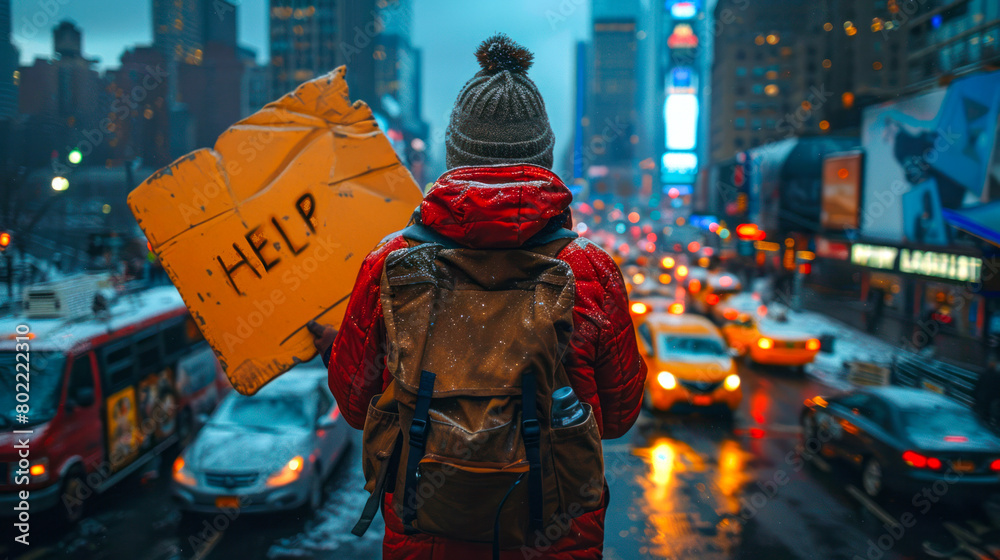 A man walks down a busy city street holding a piece of paper in his hand that reads Help. A man walks down a busy city street holding a piece of paper in his hand that reads Help.