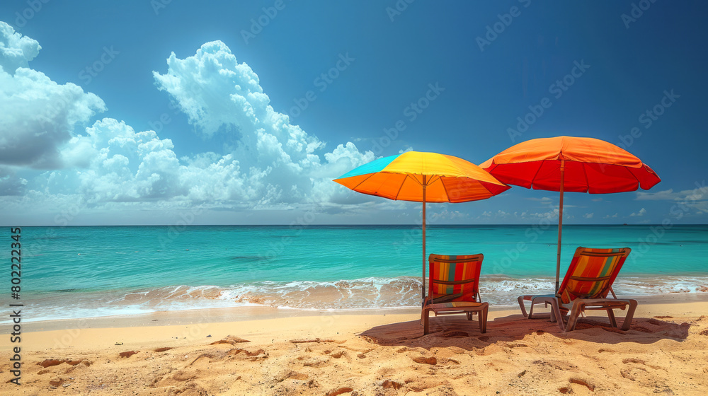 Two colorful umbrellas provide shade on a tranquil beach, inviting relaxation under the clear turquoise waters and sunny sky. Two colorful umbrellas provide shade on a tranquil beach, inviting relaxation under the clear turquoise waters and sunny sky.