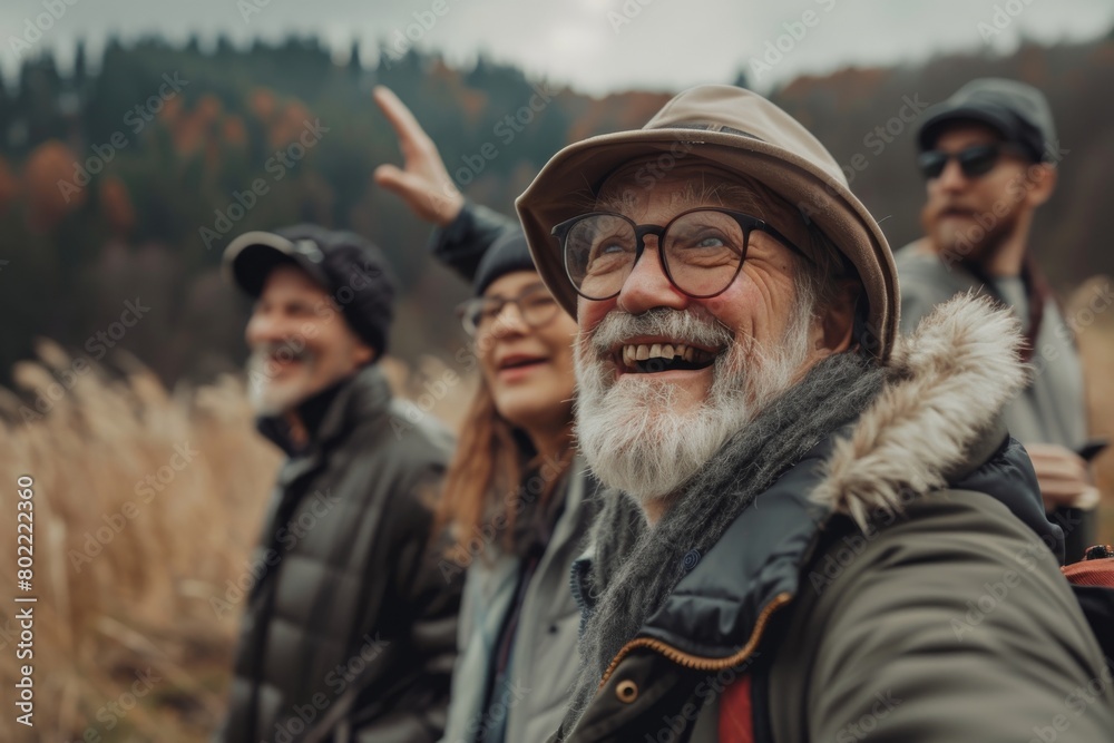 Happy senior man with friends hiking in the mountains on a beautiful autumn day Happy senior man with friends hiking in the mountains on a beautiful autumn day