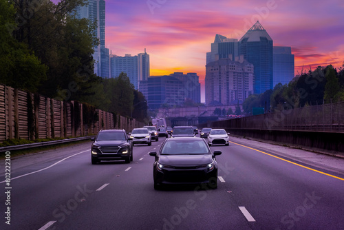 Car driving on freeway at sunset, 
