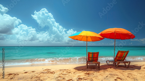 Two colorful umbrellas provide shade on a tranquil beach  inviting relaxation under the clear turquoise waters and sunny sky.
