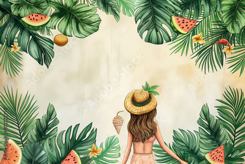 Watercolour illustration of dar haired girl with straw hat, leaves of palm, pieces of watermelon. Close up. Frame for text. Selective focus. Summer vibes concept 
 photo
