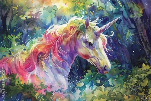 Craft a vibrant high-angle view of a majestic unicorn in a mystical forest, capturing its iridescent mane and shimmering horn in detailed watercolor strokes