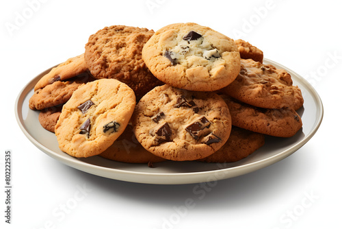 Assortment of homemade cookies, featuring chocolate chip, oatmeal raisin, and sugar cookies, displayed on a plate, isolated with Generative AI,