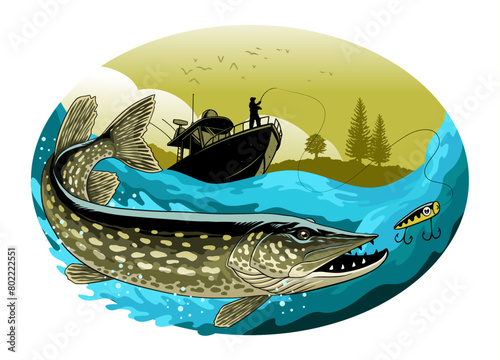 Fisherman Catching Pike Fish Vintage Design (ID: 802222551)
