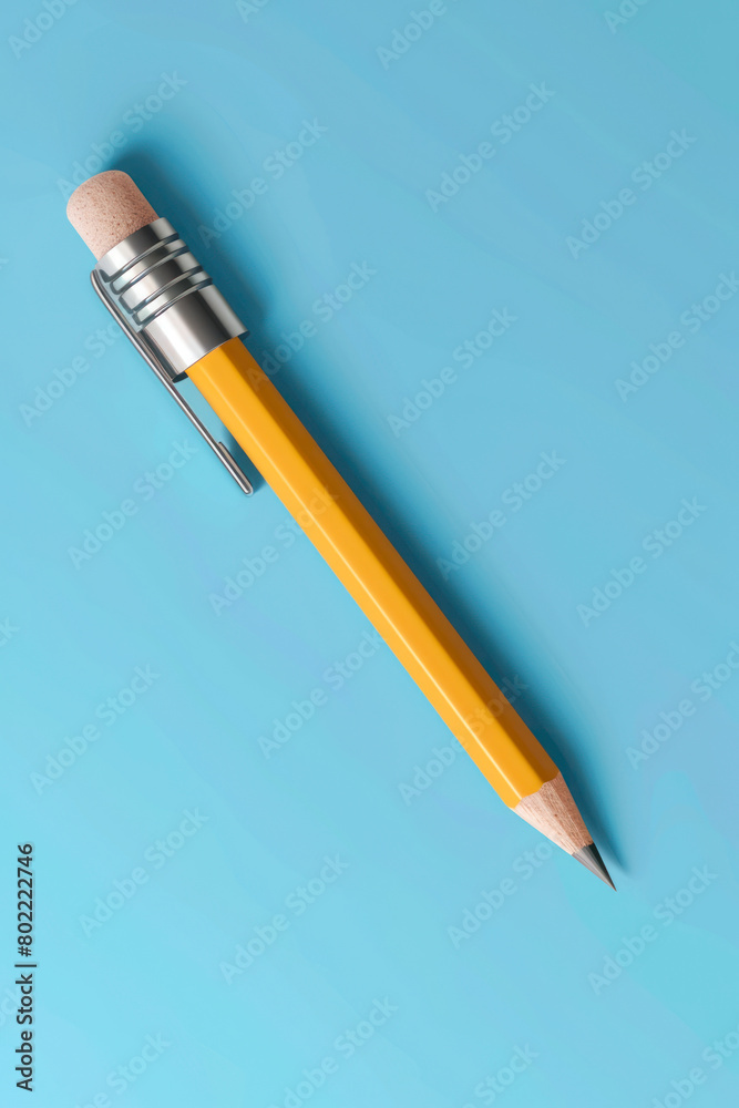 Vertical Yellow wooden pencil with rubber eraser. Sharpened detailed office mockup. Vertical Yellow wooden pencil with rubber eraser. Sharpened detailed office mockup.