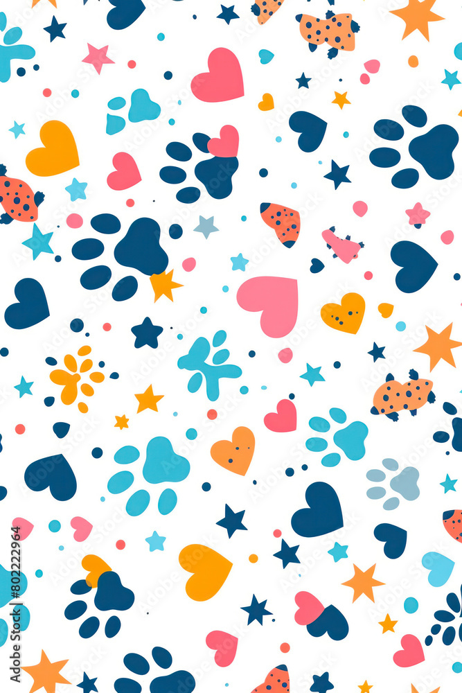 Vertical Pattern with hearts and paws of pets on a white background. Colorful hearts, paws, polka dots and stars. Vertical Pattern with hearts and paws of pets on a white background. Colorful hearts, paws, polka dots and stars.