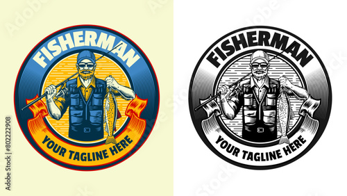 Fisherman Catching Trout Fish Badge Logo Design