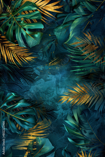 Vertical Tropical leaves wall art design with dark blue and green color, shiny golden light texture.
