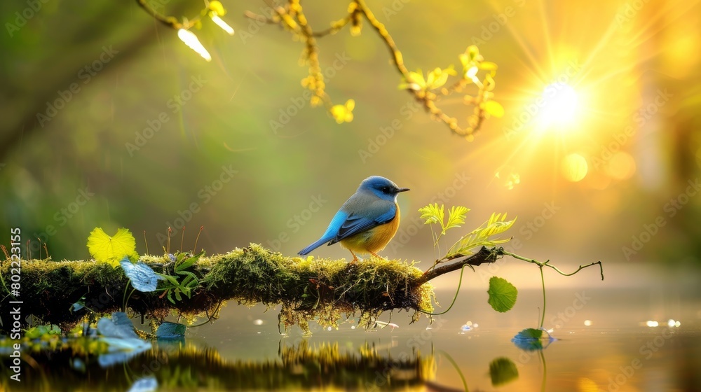 Natural background and a small blue bird perched on a branch. Natural background and a small blue bird perched on a branch.