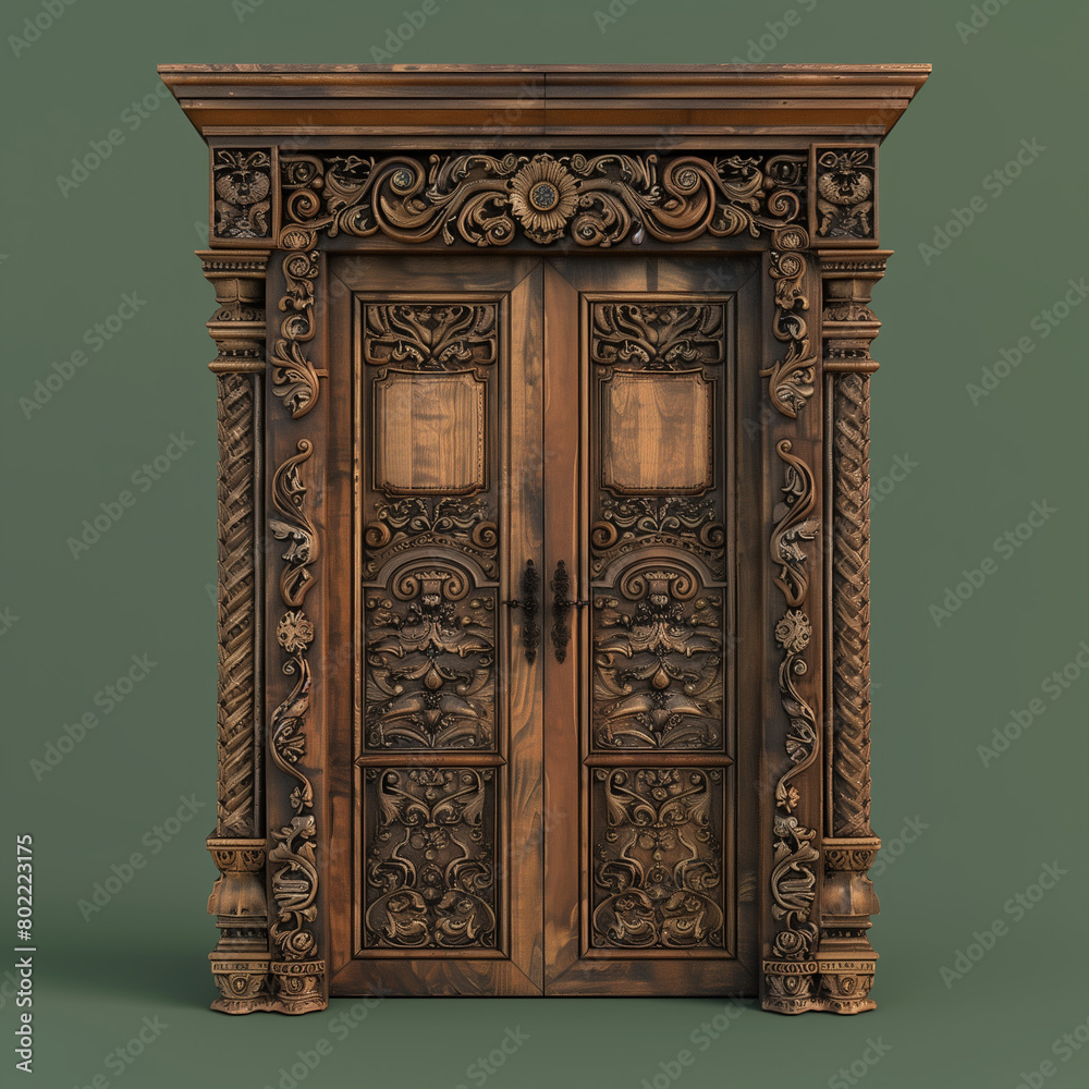  Carving a Wooden Door Isolated on a Green Background: Traditional Techniques Highlighted
