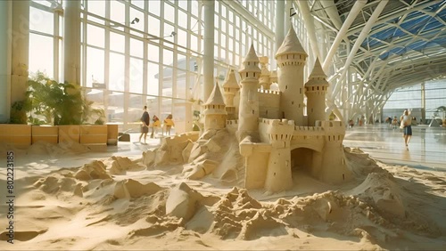 sand castle construction amidst the airport gates photo