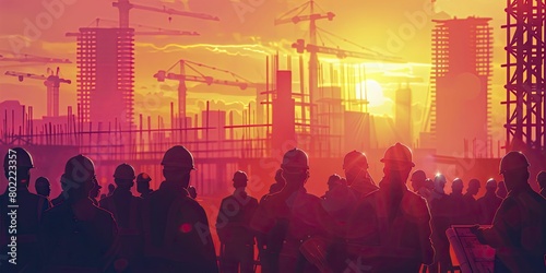 Workers huddle at dawn, blueprint in hand, as the sunrise casts a golden glow over the construction site in a minimalist illustration.