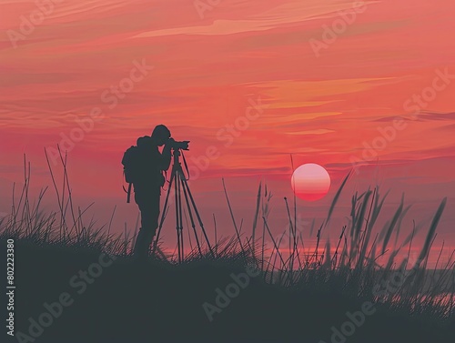 Photographer in pursuit of artistry, capturing sunset with a focus on camera, landscape, in a minimalistic outdoor setting.