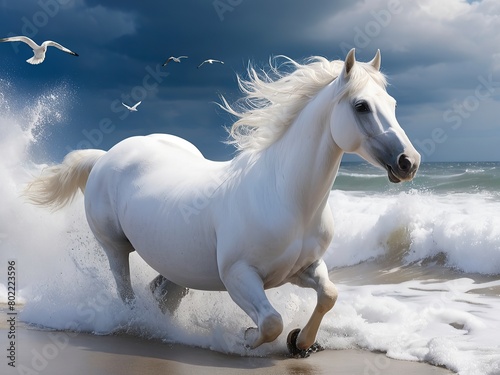 A white horse runs on the beach in the sea waves and seagulls fly over it