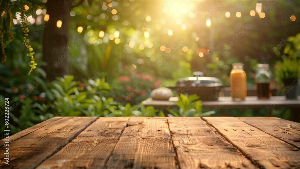 Foreground wooden table with a backdropped summer blur of greenery and festive BBQ