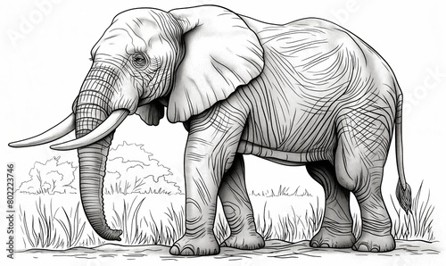 Black and white illustration for coloring animals, elephant.