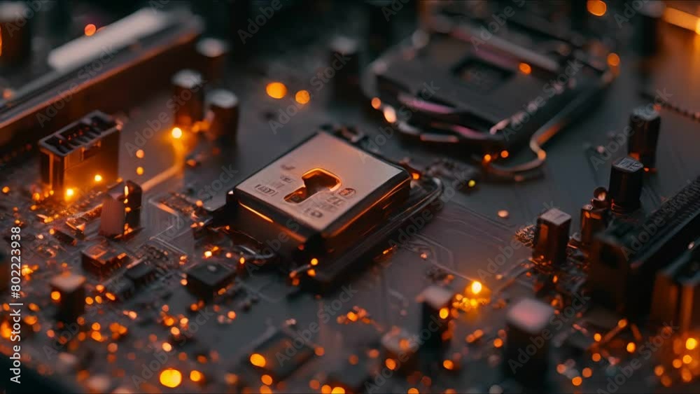 Secure tech scene combination padlock fastened to a motherboard, safeguarding data