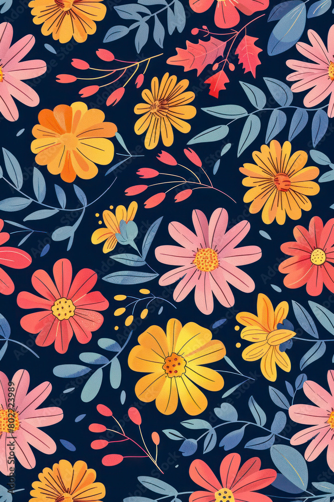 Vertical Flower and leaf layer illustration seamless repeat pattern.