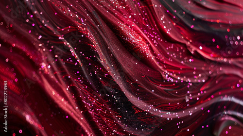 Design an artwork featuring abstract silk in deep crimson shades, accentuated by luminous glitters shimmering across the canvas.