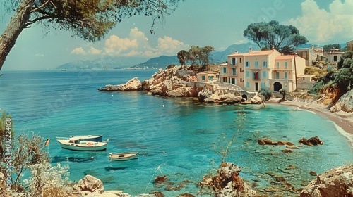 Vintage Mediterranean Coastal Town Postcard: Memories of Italy and Greek Holidays in the 70s, Sailboats on Ibiza's Coastline - AI Created photo