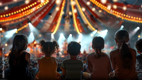 Young audience enjoying a performance in a circus tent. Concept Circus Performances, Audience Engagement, Big Top Excitement, Family-Friendly Entertainment, Spectacular Acts