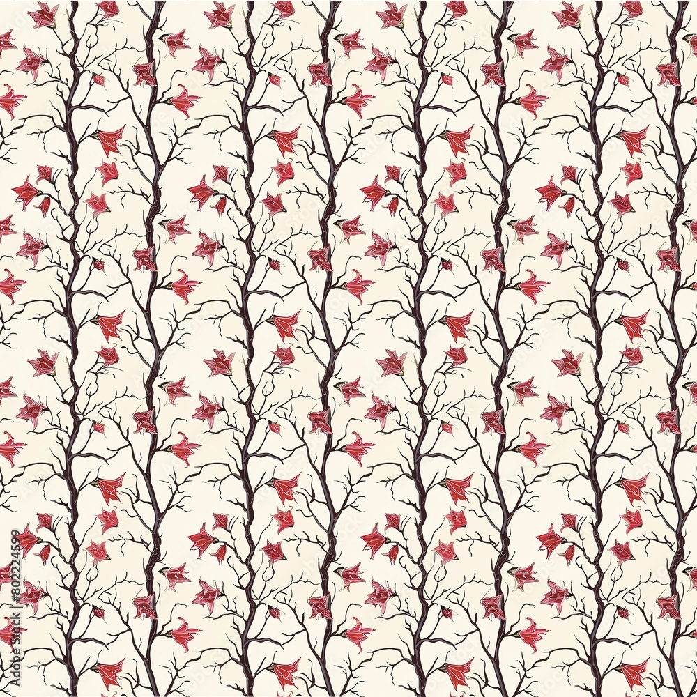 red Bell flower tree, seamless fabric pattern, textile, fashionable summer vintage , background wallpaper	
