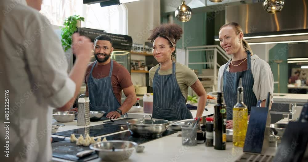 Cooking class, restaurant and students in kitchen with chef for learning, education course or practice. Gastronomy, hospitality and diverse people for culinary meal, preparation or working on skills