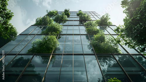 An office tower with a double-skin facade featuring between-glass vegetation to enhance thermal insulation and improve air quality while creating a unique aesthetic