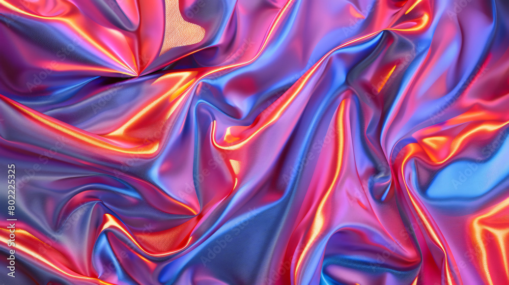 Crumpled silky fabric in neon light as background