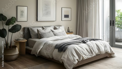 Tranquil Bedroom with Platform Bed and Organic Gray/White Linens. Concept Organic Bedroom Decor, Tranquil Sleep Space, Gray and White Aesthetics © Anastasiia