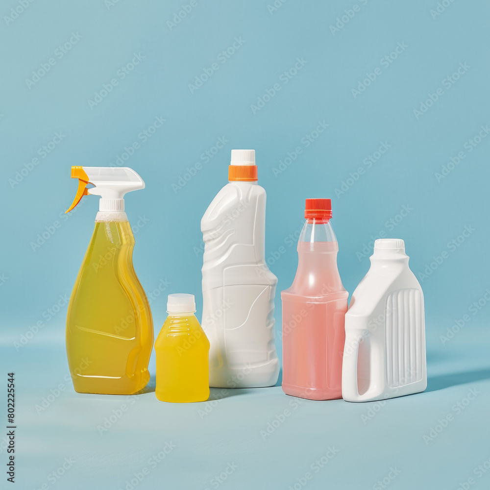 Various bottles of household chemicals on a blue background. Cleaning and disinfection. Various bottles of household chemicals on a blue background. Cleaning and disinfection.