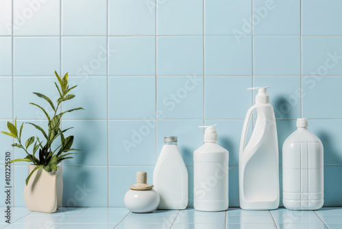 Household chemicals on a shelf in the bathroom in blue tones. I m cleaning the house. I m disinfecting the room.