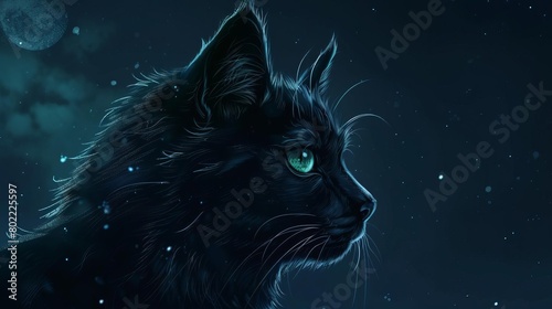 Create a side view illustration of a sleek  black cat with piercing green eyes  set against a moonlit background Render the fur in intricate detail with a mix of digital realism and subtle surreal ele