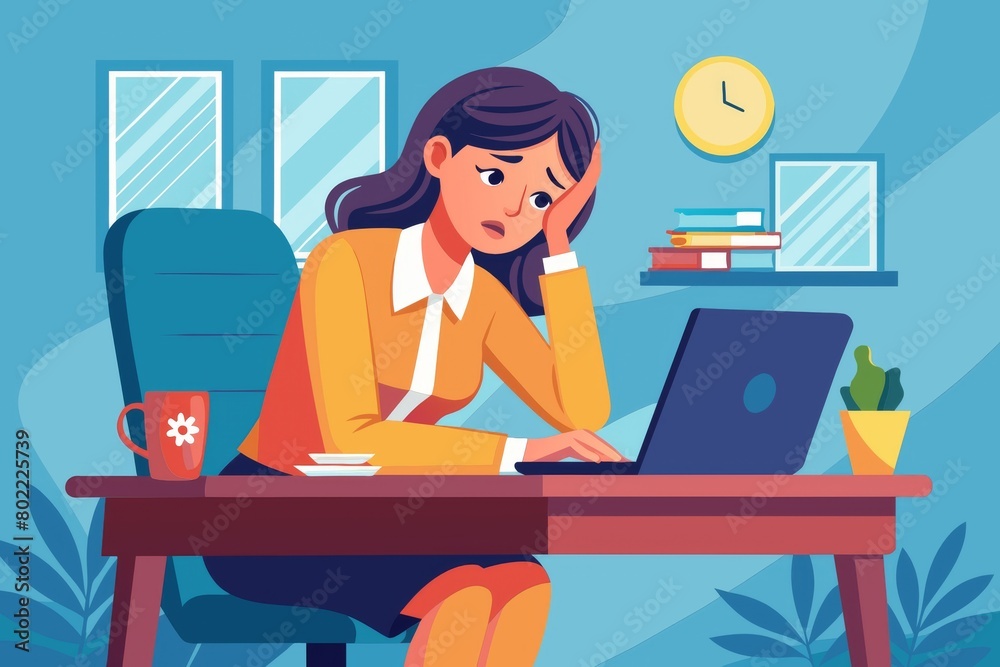 Burnout concept illustration with exhausted female office worker sitting at the table. Frustrated worker, mental health problems.