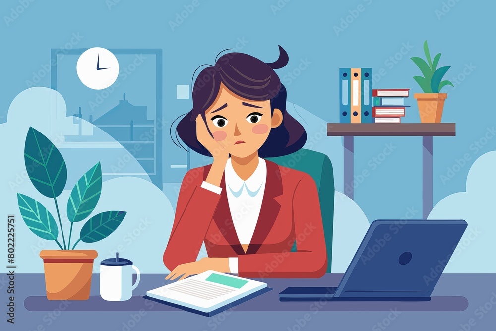 Burnout concept illustration with exhausted female office worker sitting at the table. Frustrated worker, mental health problems.