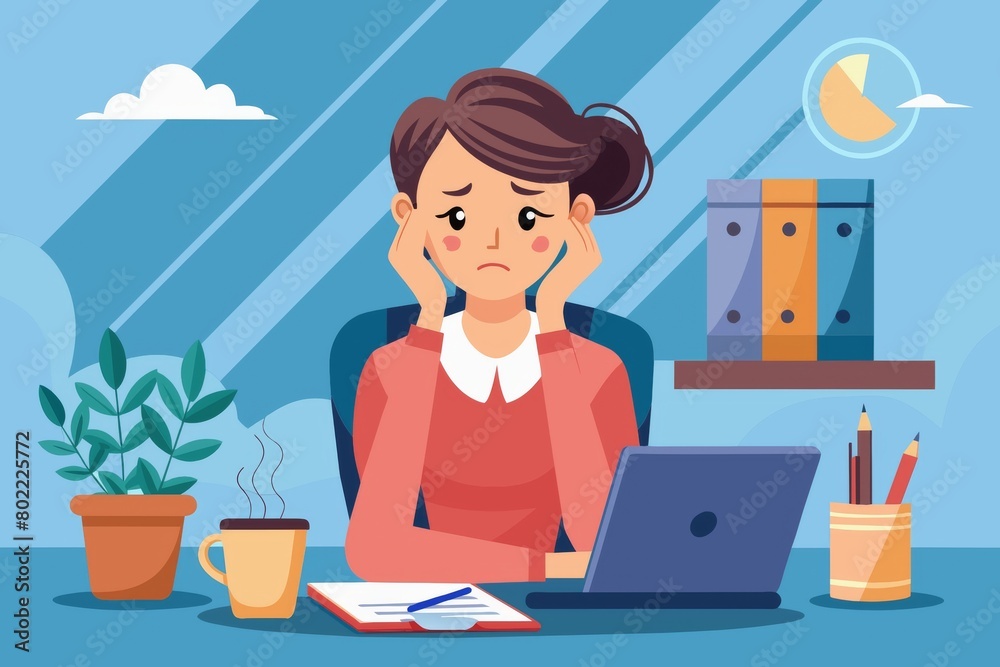 Burnout concept illustration with exhausted female office worker sitting at the table. Frustrated worker, mental health problems. Burnout concept illustration with exhausted female office worker sitting at the table. Frustrated worker, mental health problems.