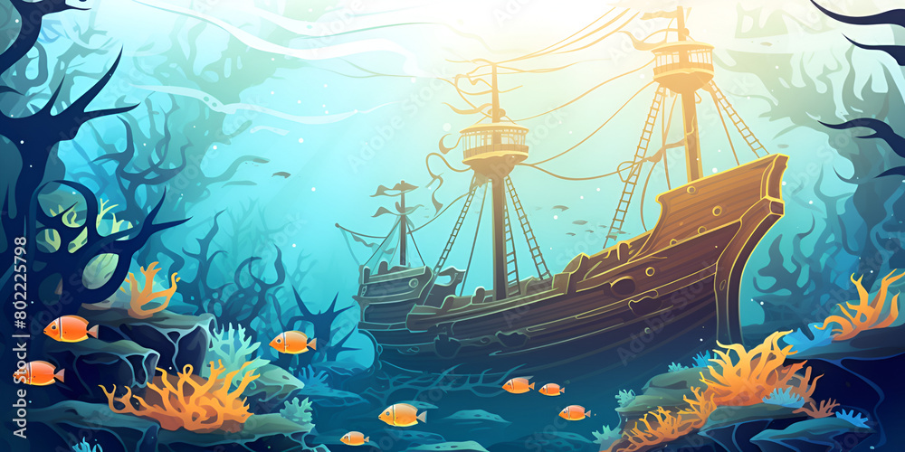 A vector representation of a sunken ship under the water surrounded by marine life in the background 