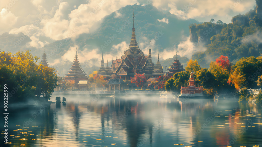 Beautiful temple on the lake in the morning,Thailand.