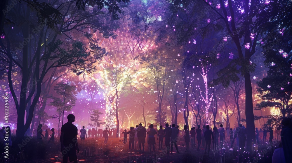 A crowd of individuals gathered around a forest area, filled with bursting fireworks, creating a vibrant and dazzling display.