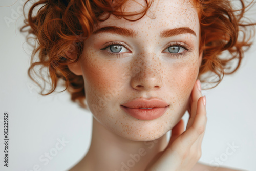 Portrait of a redhead Woman with Radiant Skin and beautiful hair on White Background photo
