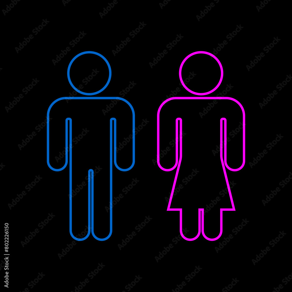 Icon featuring neon WC icons, male blue and female pink on a black background