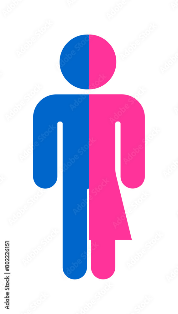 An icon depicting half a man, half a woman in blue and pink. Toilet icon
An icon depicting half a man, half a woman in blue and pink. Toilet icon