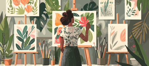 Creative botanical art studio with a woman painting floral designs surrounded by lush greenery