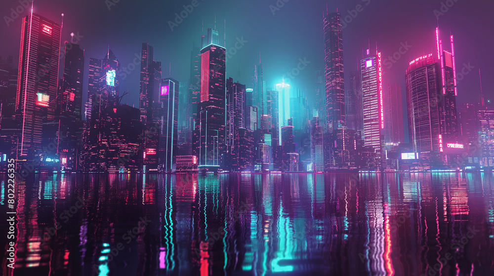 A futuristic skyscraper skyline illuminated by neon lights, reflecting in the calm waters of a river below. 
