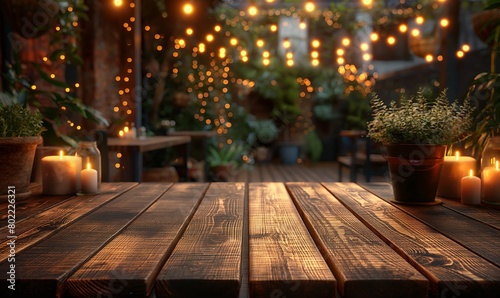 Empty wooden table top on blurred abstract bright background.